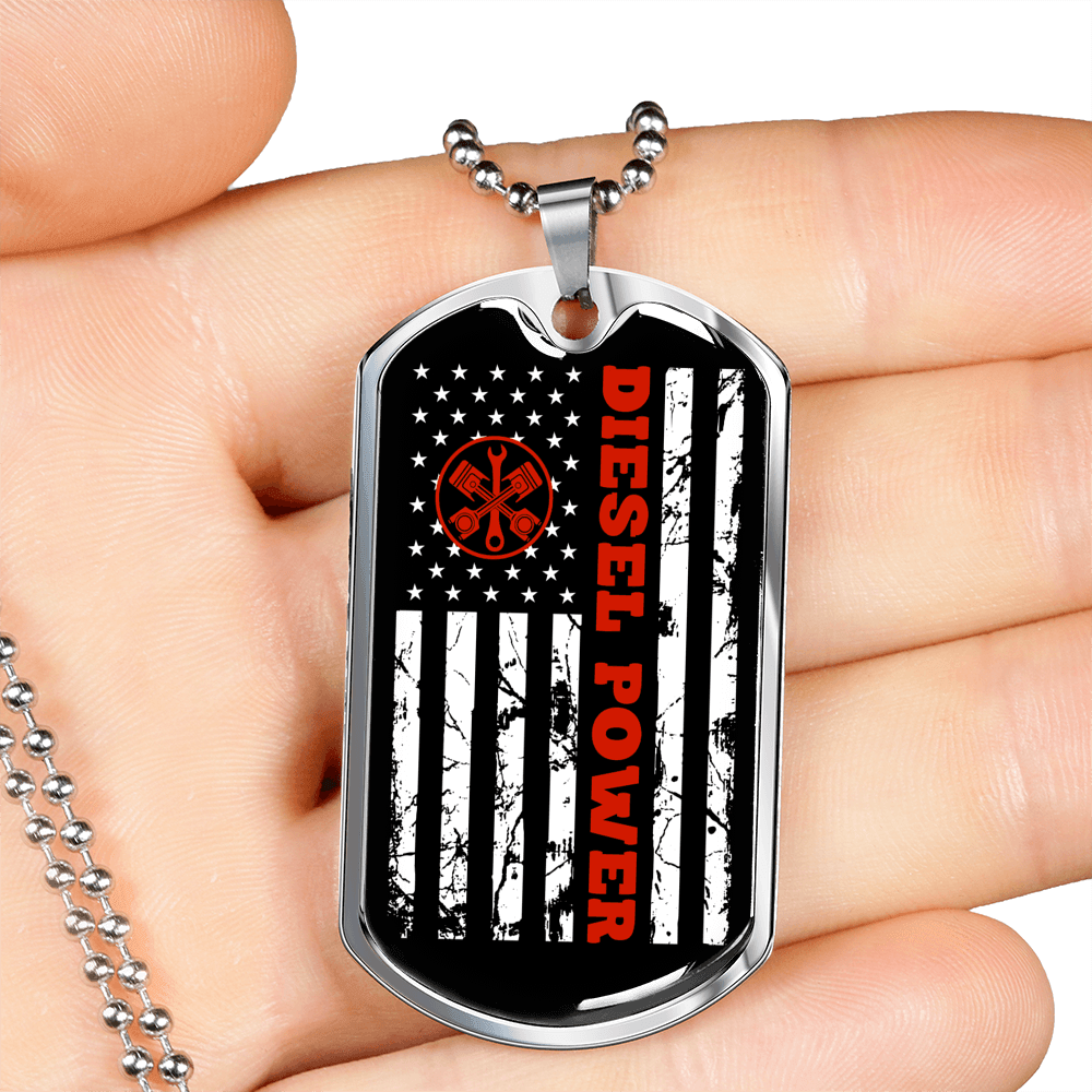 Diesel Power Distressed Dog Tag Stainless Steel or 18k Gold 24" Chain-Express Your Love Gifts