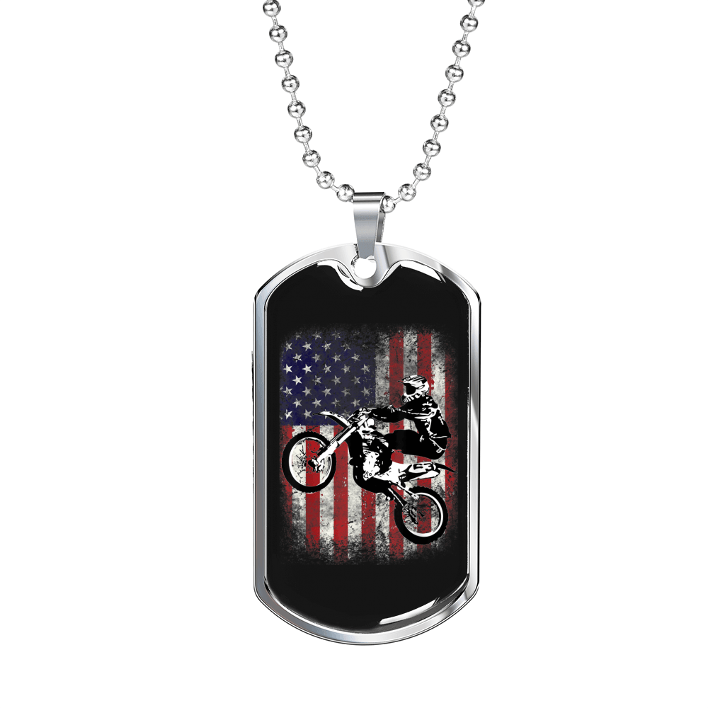 Dirt Bike American Flag Biker Necklace Stainless Steel or 18k Gold Dog Tag 24"-Express Your Love Gifts