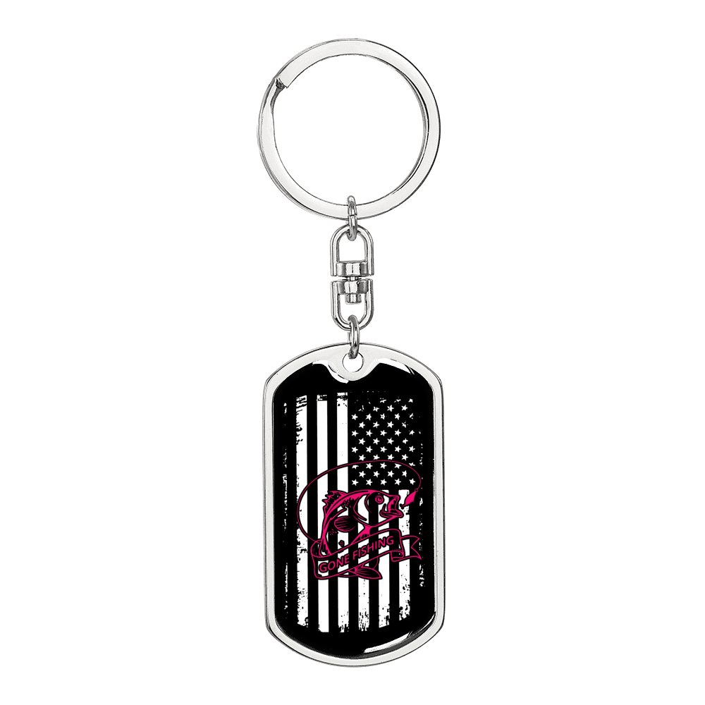 Distressed Flag Fishing Keychain Stainless Steel or 18k Gold Dog Tag Keyring-Express Your Love Gifts