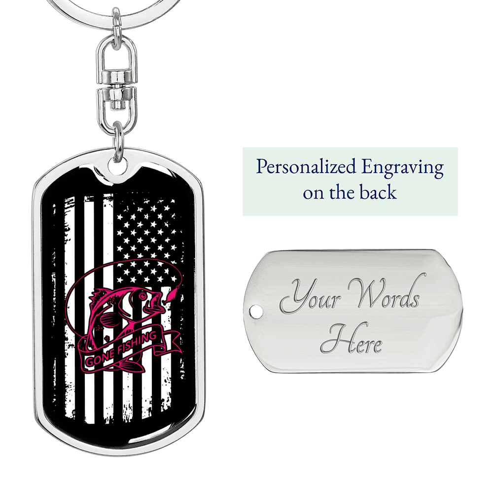 Distressed Flag Fishing Keychain Stainless Steel or 18k Gold Dog Tag Keyring-Express Your Love Gifts