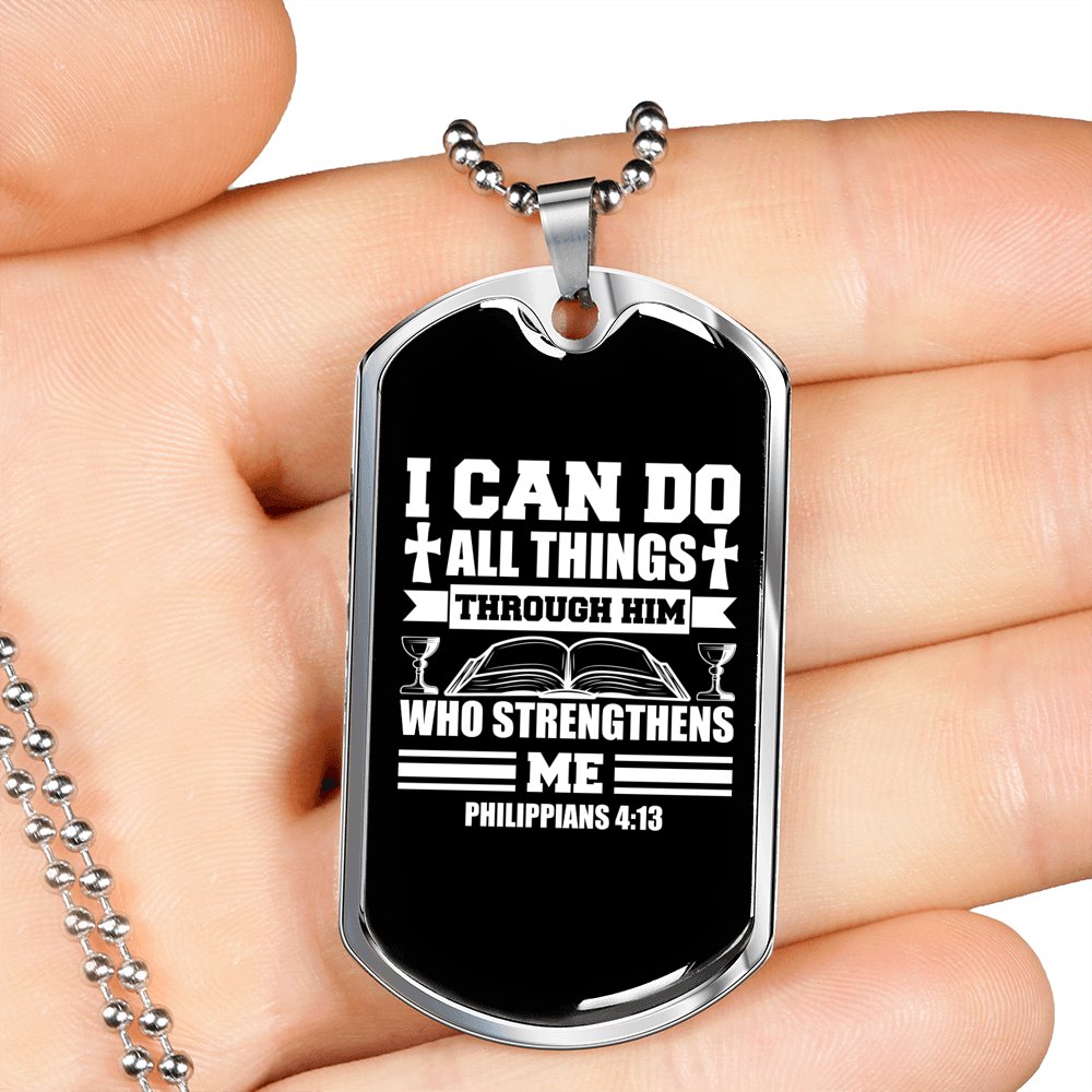 Do All Things Philippians 4:13 Necklace Stainless Steel or 18k Gold Dog Tag 24" Chain-Express Your Love Gifts