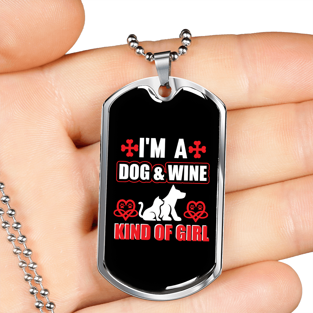 Dog & Wine Girl Necklace Stainless Steel or 18k Gold Dog Tag 24" Chain-Express Your Love Gifts