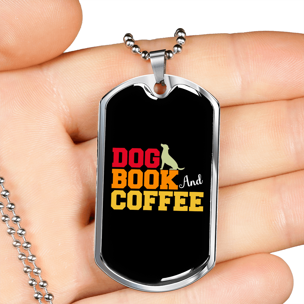 Dog Book and Coffee Necklace Stainless Steel or 18k Gold Dog Tag 24" Chain-Express Your Love Gifts