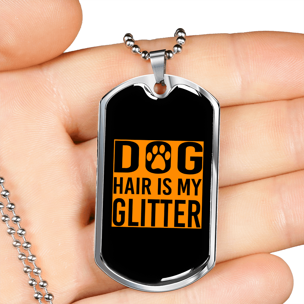 Dog Hair is My Glitter Orange Paw Necklace Stainless Steel or 18k Gold Dog Tag 24" Chain-Express Your Love Gifts