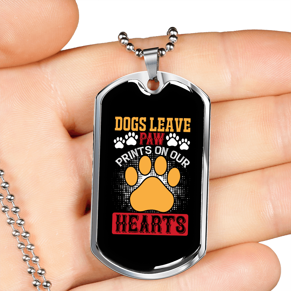 Dog Leaves Paw Prints Necklace Stainless Steel or 18k Gold Dog Tag 24" Chain-Express Your Love Gifts