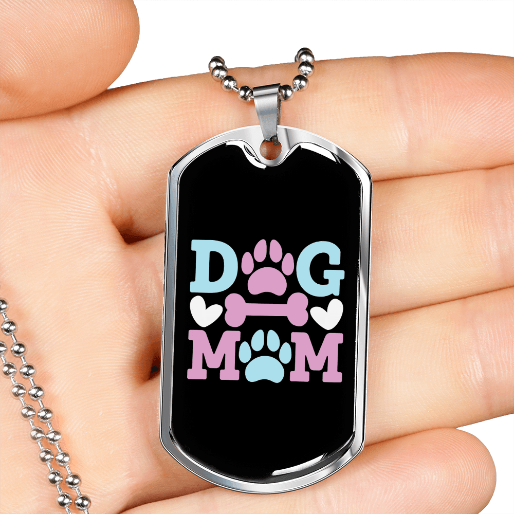 Dog Mom Blue Pink Necklace Stainless Steel or 18k Gold Dog Tag 24" Chain-Express Your Love Gifts