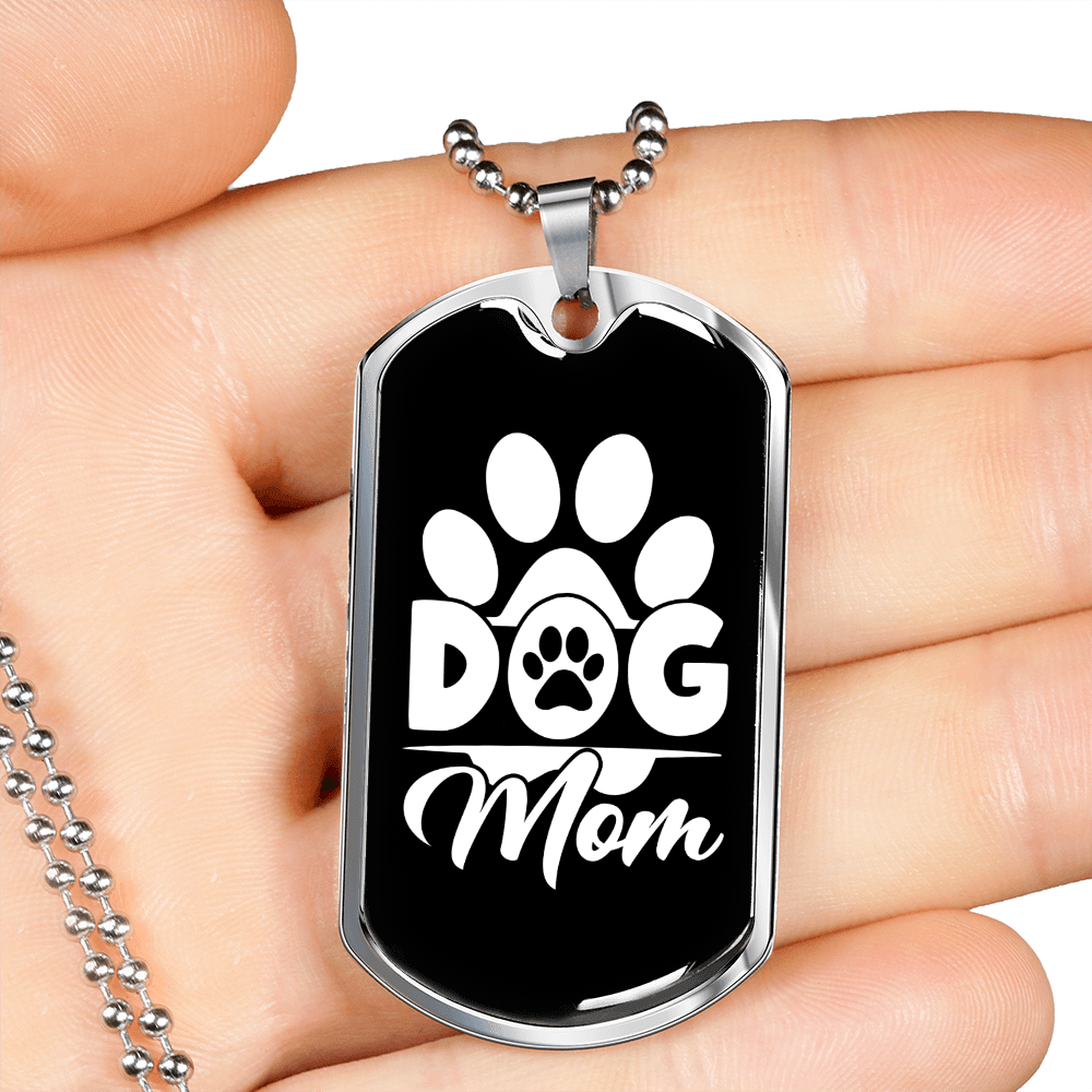 Dog Mom Paw White Necklace Stainless Steel or 18k Gold Dog Tag 24" Chain-Express Your Love Gifts