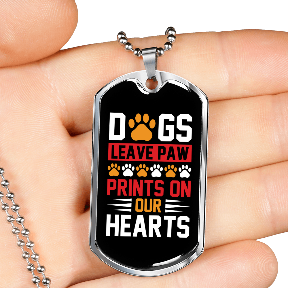 Dogs Paw Prints Our Hearts Necklace Stainless Steel or 18k Gold Dog Tag 24" Chain-Express Your Love Gifts