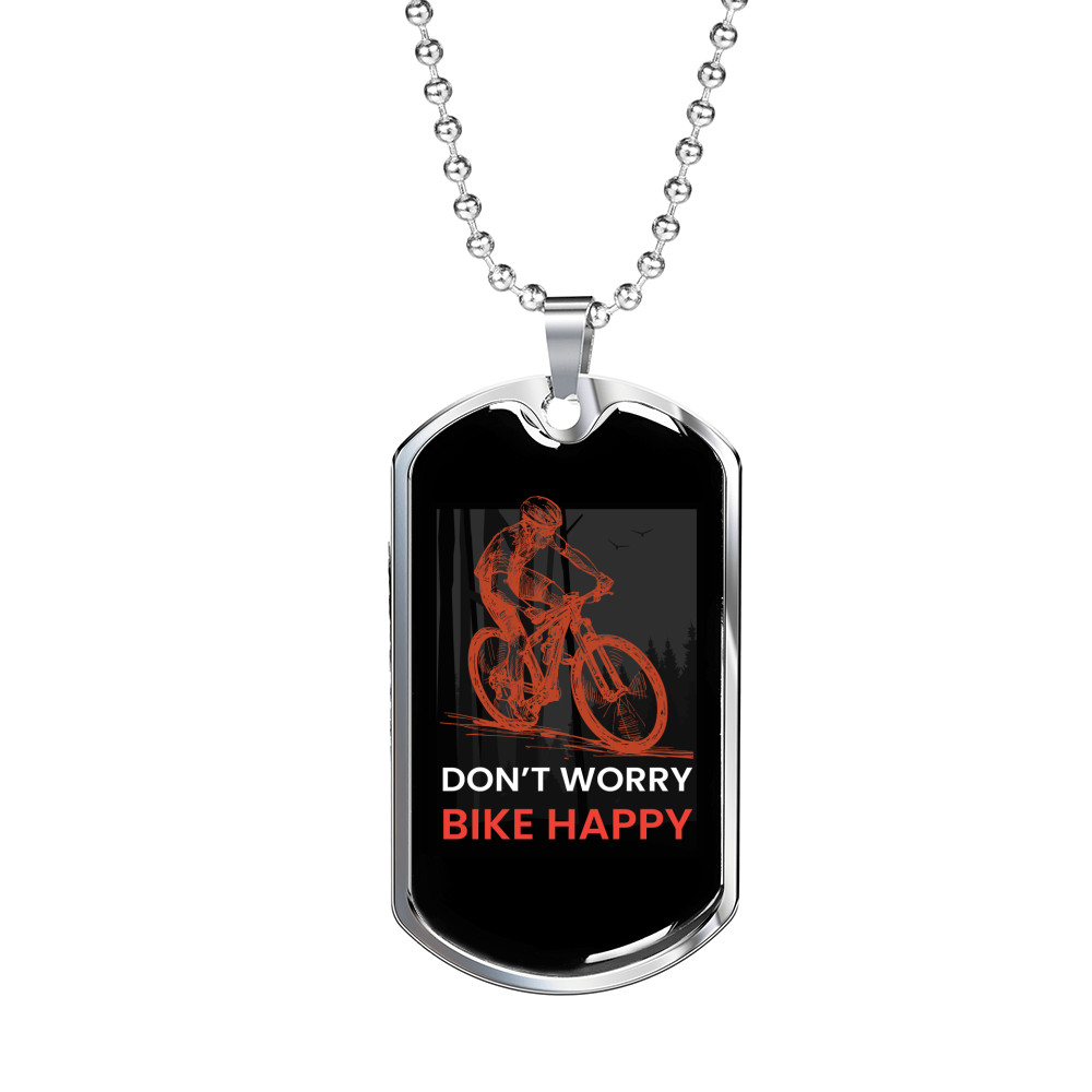 Don'T Worry Bike Happy Bicycle Cycling Necklace Stainless Steel or 18k Gold Dog Tag 24"-Express Your Love Gifts