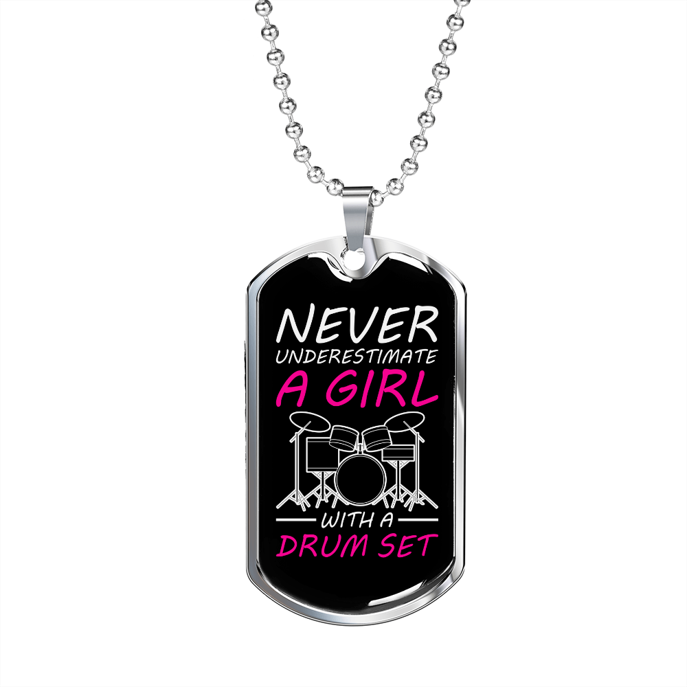 Drummer Necklace A Girl With a Drumset Necklace Stainless Steel or 18k Gold Dog Tag 24" Chain-Express Your Love Gifts