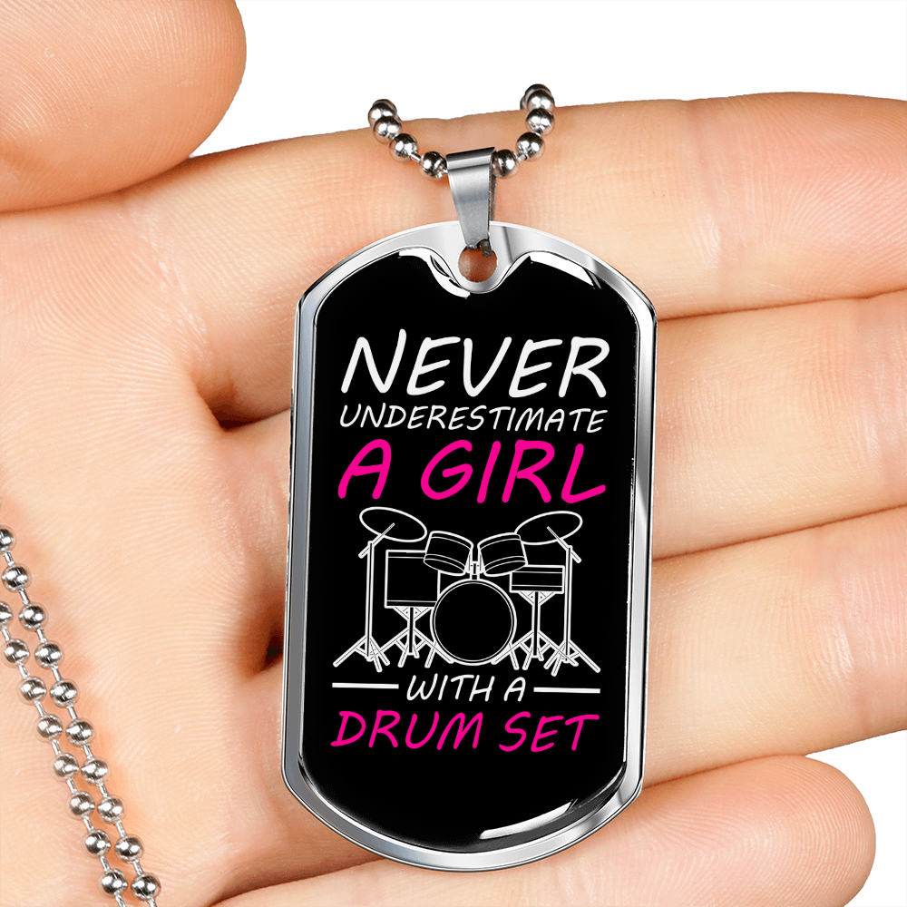 Drummer Necklace A Girl With a Drumset Necklace Stainless Steel or 18k Gold Dog Tag 24" Chain-Express Your Love Gifts