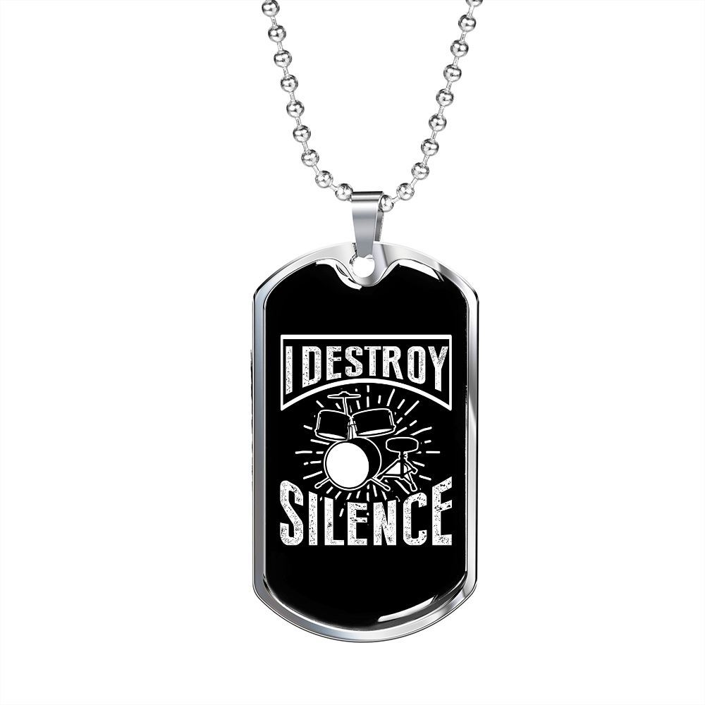 Drummer Necklace Destroy Silenece Drumset Necklace Stainless Steel or 18k Gold Dog Tag 24" Chain-Express Your Love Gifts