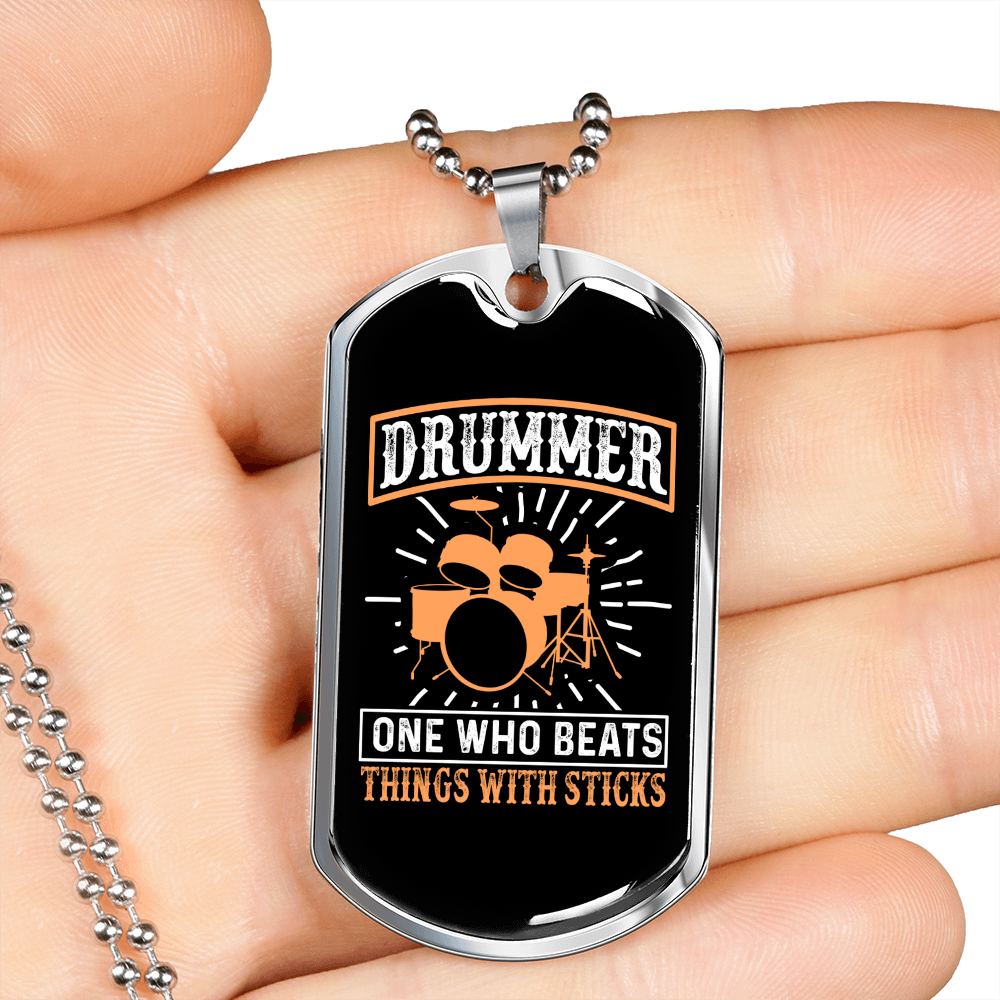 Drummer Necklace Drummer One Who Beats Necklace Stainless Steel or 18k Gold Dog Tag 24" Chain-Express Your Love Gifts