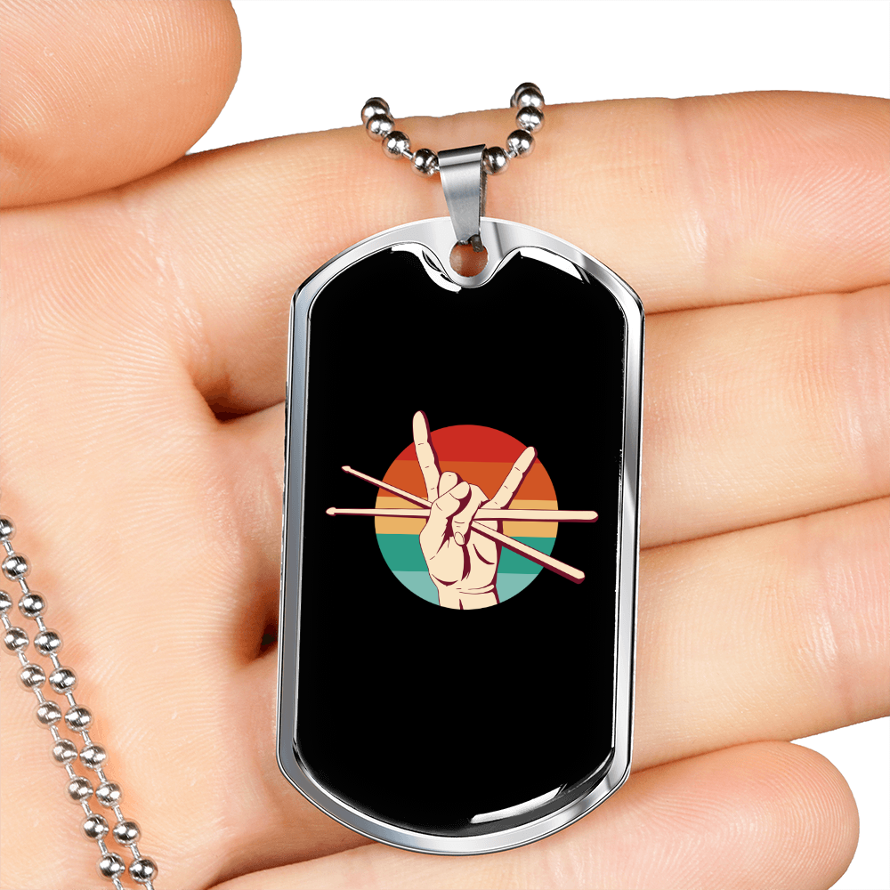 Drummer Necklace Drummer Retro Sunset Necklace Stainless Steel or 18k Gold Dog Tag 24" Chain-Express Your Love Gifts