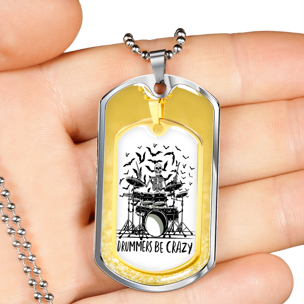 Drummer Necklace Drummers Be Crazy Yellow Necklace Stainless Steel or 18k Gold Dog Tag 24" Chain-Express Your Love Gifts