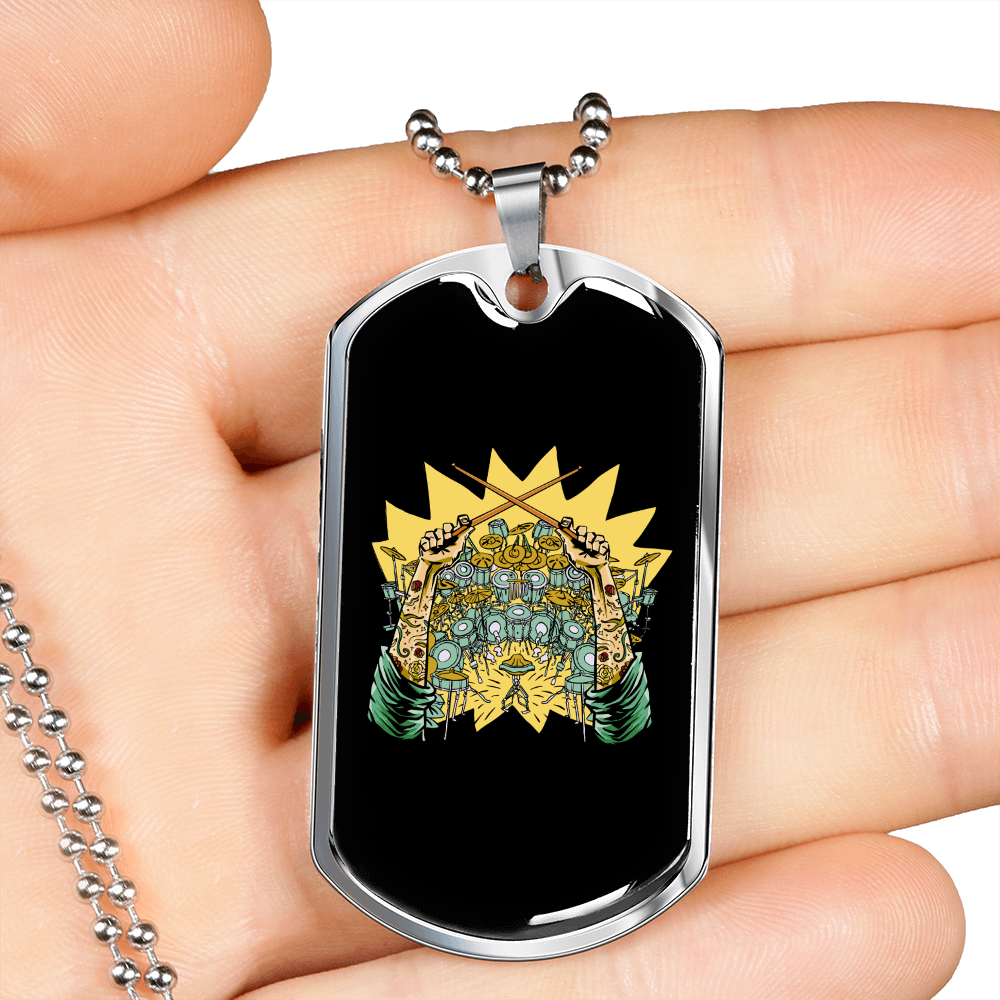 Drummer Necklace Drums and Drumstick Necklace Stainless Steel or 18k Gold Dog Tag 24" Chain-Express Your Love Gifts