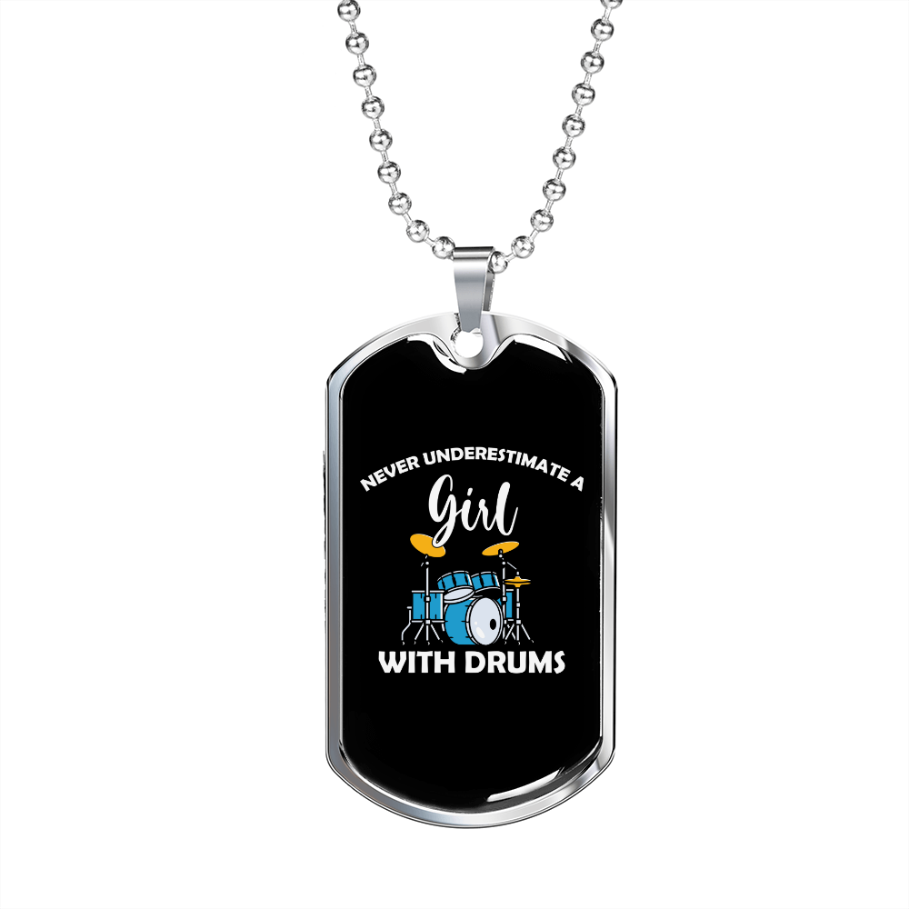 Drummer Necklace Girl With Drums Necklace Stainless Steel or 18k Gold Dog Tag 24" Chain-Express Your Love Gifts