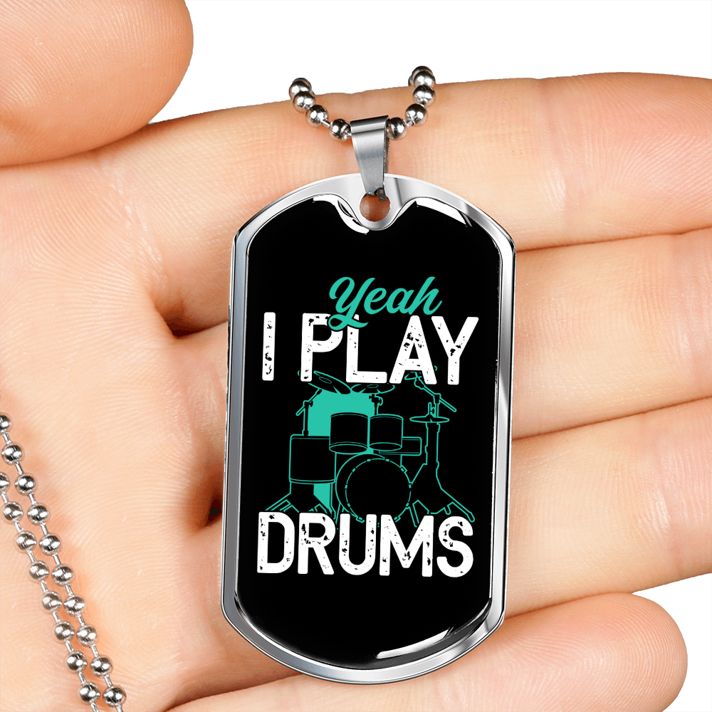 Drummer Necklace I Play Drums Necklace Stainless Steel or 18k Gold Dog Tag 24" Chain-Express Your Love Gifts