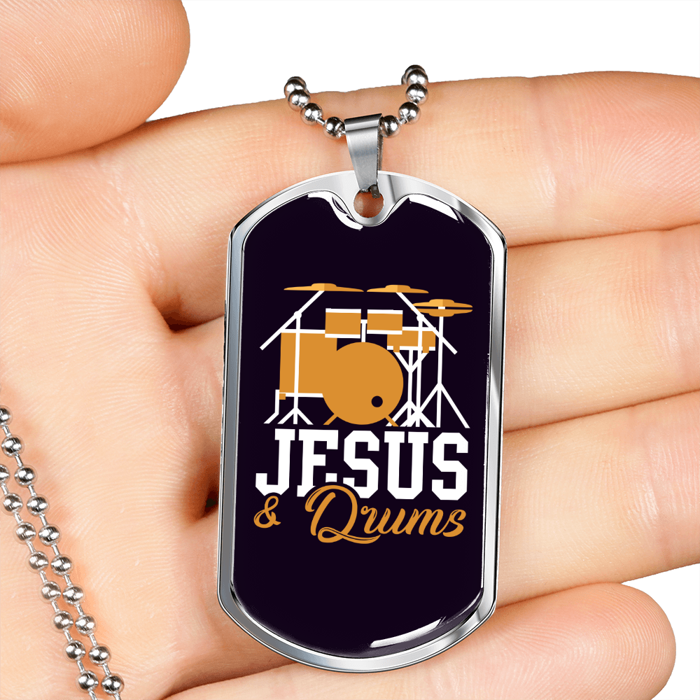 Drummer Necklace Jesus & Drums Necklace Stainless Steel or 18k Gold Dog Tag 24" Chain-Express Your Love Gifts