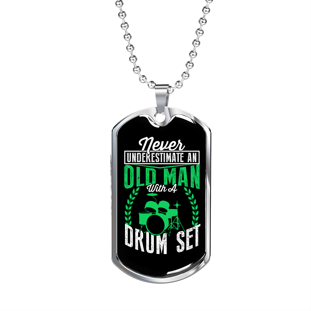 Drummer Necklace Old Man Drumset Green Necklace Stainless Steel or 18k Gold Dog Tag 24" Chain-Express Your Love Gifts