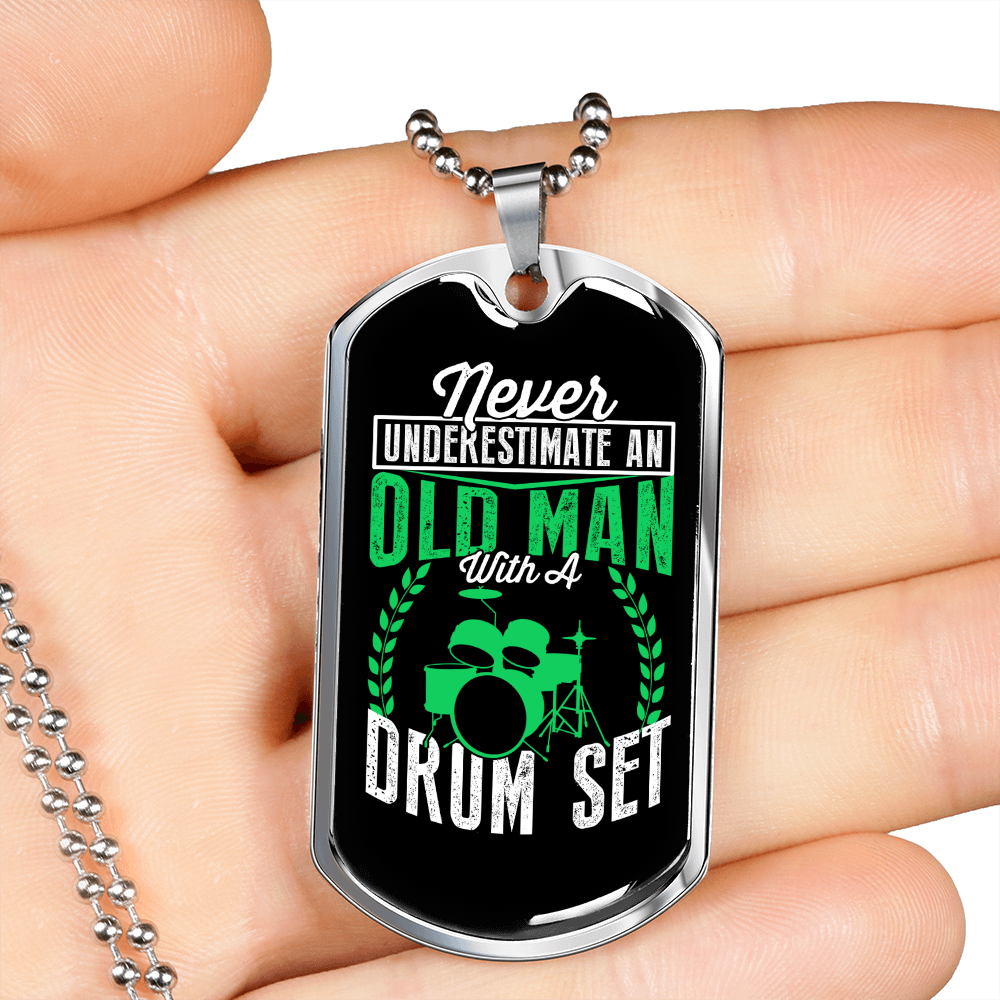Drummer Necklace Old Man Drumset Green Necklace Stainless Steel or 18k Gold Dog Tag 24" Chain-Express Your Love Gifts
