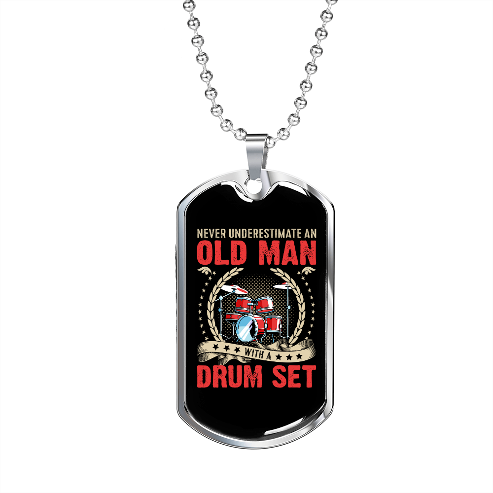 Drummer Necklace Old Man Drumset Red Necklace Stainless Steel or 18k Gold Dog Tag 24" Chain-Express Your Love Gifts