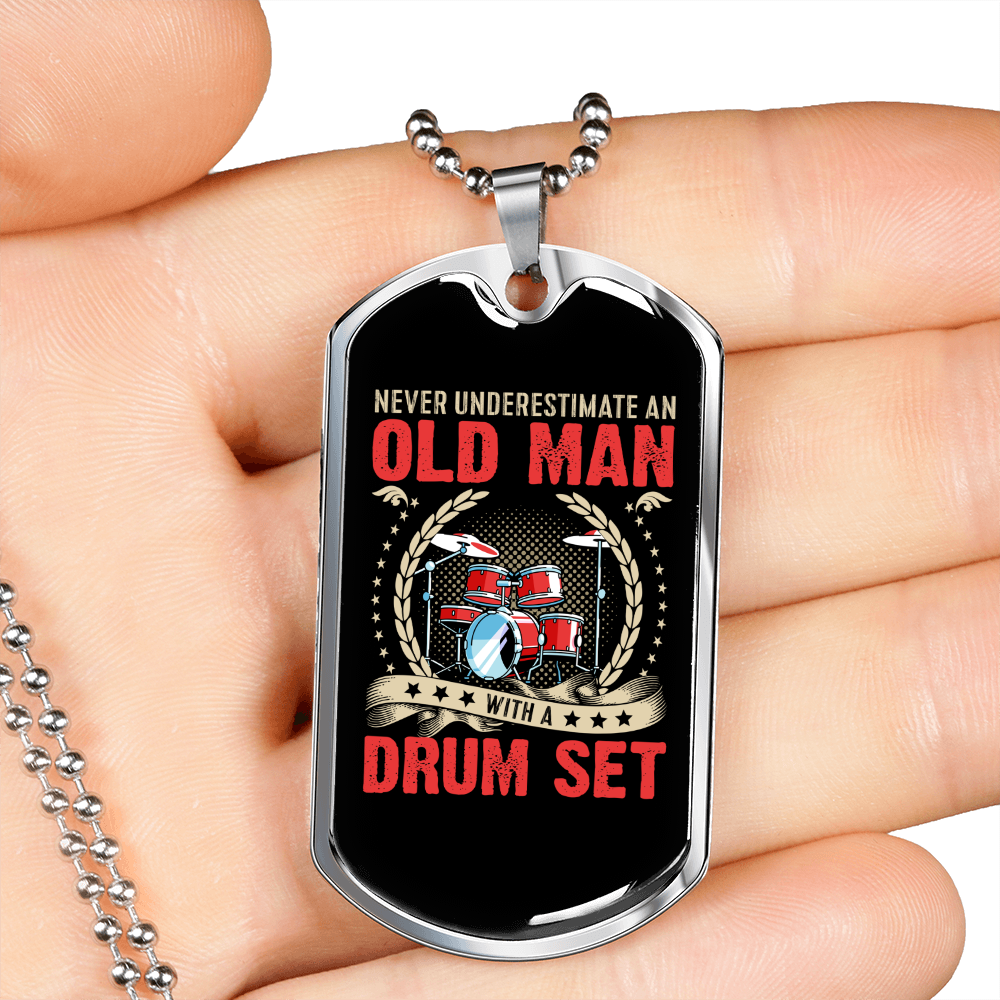 Drummer Necklace Old Man Drumset Red Necklace Stainless Steel or 18k Gold Dog Tag 24" Chain-Express Your Love Gifts