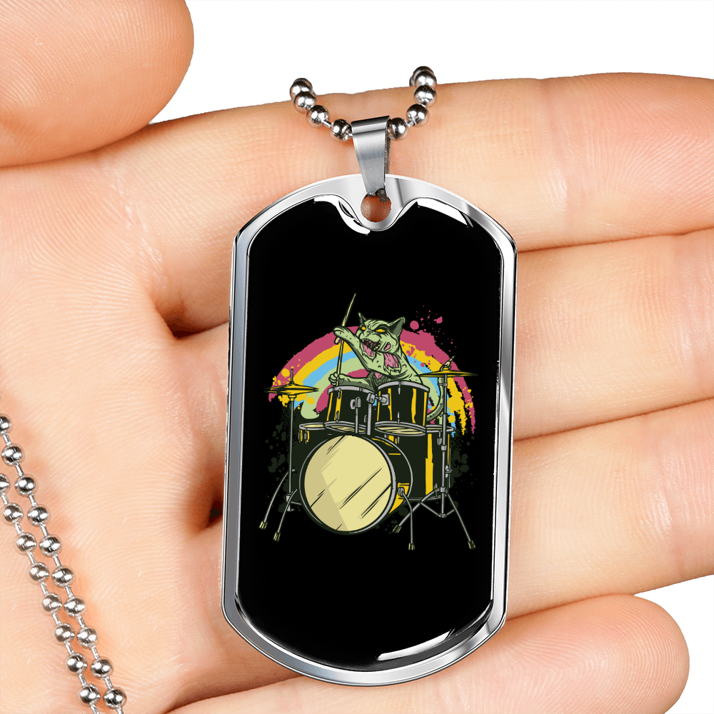 Drummer Necklace Zombie Cat Drummer Necklace Stainless Steel or 18k Gold Dog Tag 24" Chain-Express Your Love Gifts