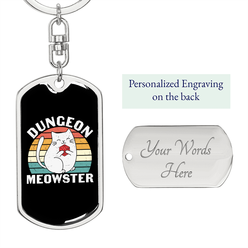 Dungeon White Meowster Cat Keychain Stainless Steel or 18k Gold Dog Tag Keyring-Express Your Love Gifts