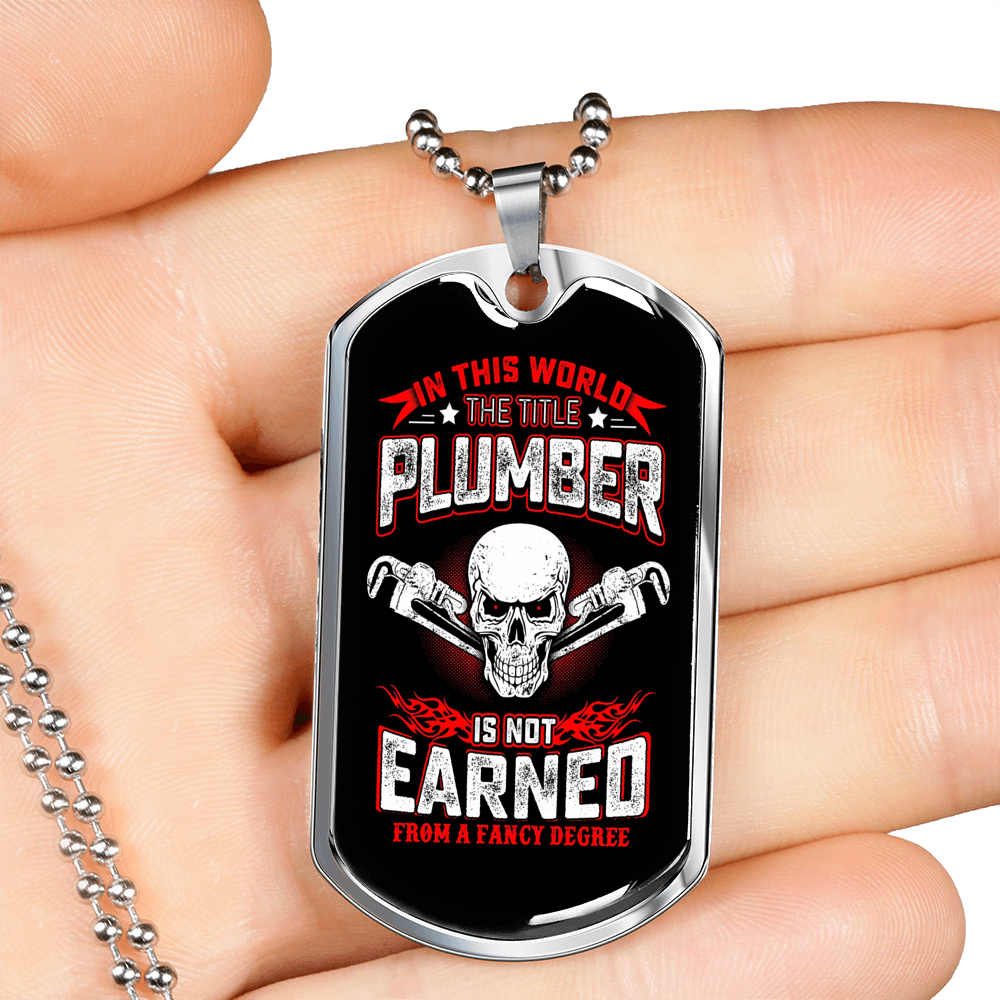 Earned Title Plumber Necklace Stainless Steel or 18k Gold Dog Tag 24" Chain-Express Your Love Gifts