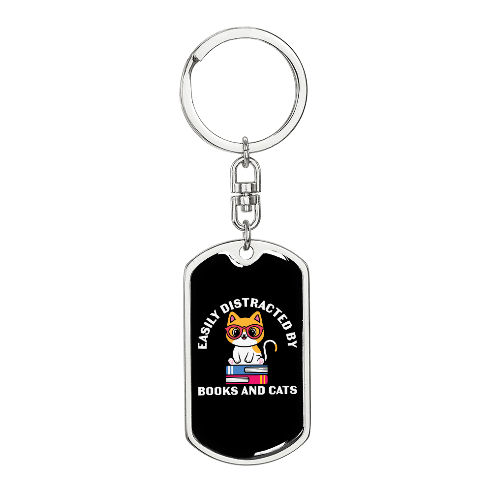 Easily Distracted By Books and Cats Keychain Stainless Steel or 18k Gold Dog Tag Keyring-Express Your Love Gifts