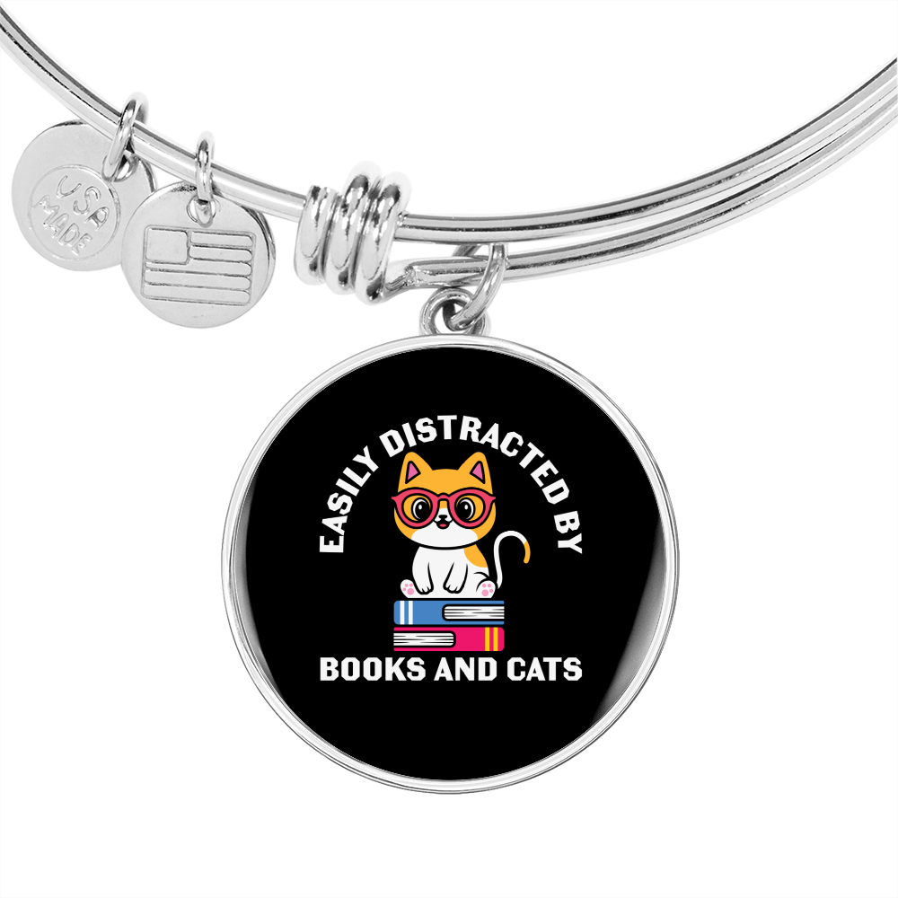 Easily Distracted By Books Cat Bracelet Stainless Steel or 18k Gold Circle Bangle-Express Your Love Gifts