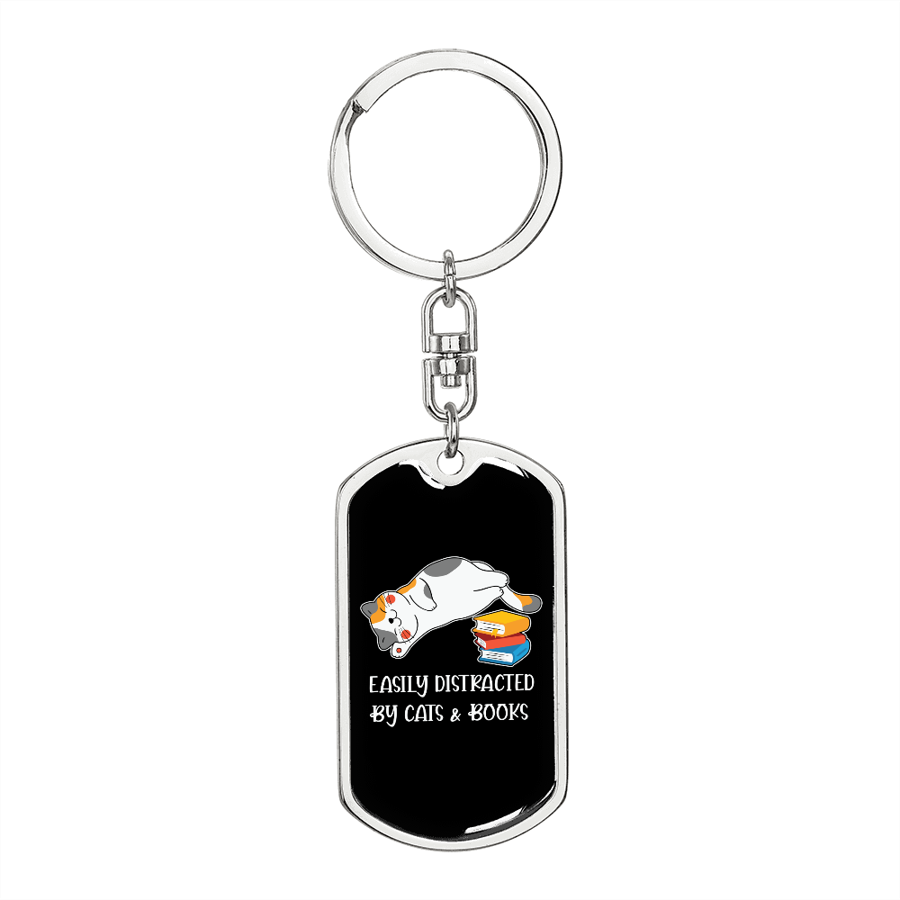 Easily Distracted By Cats Keychain Stainless Steel or 18k Gold Dog Tag Keyring-Express Your Love Gifts