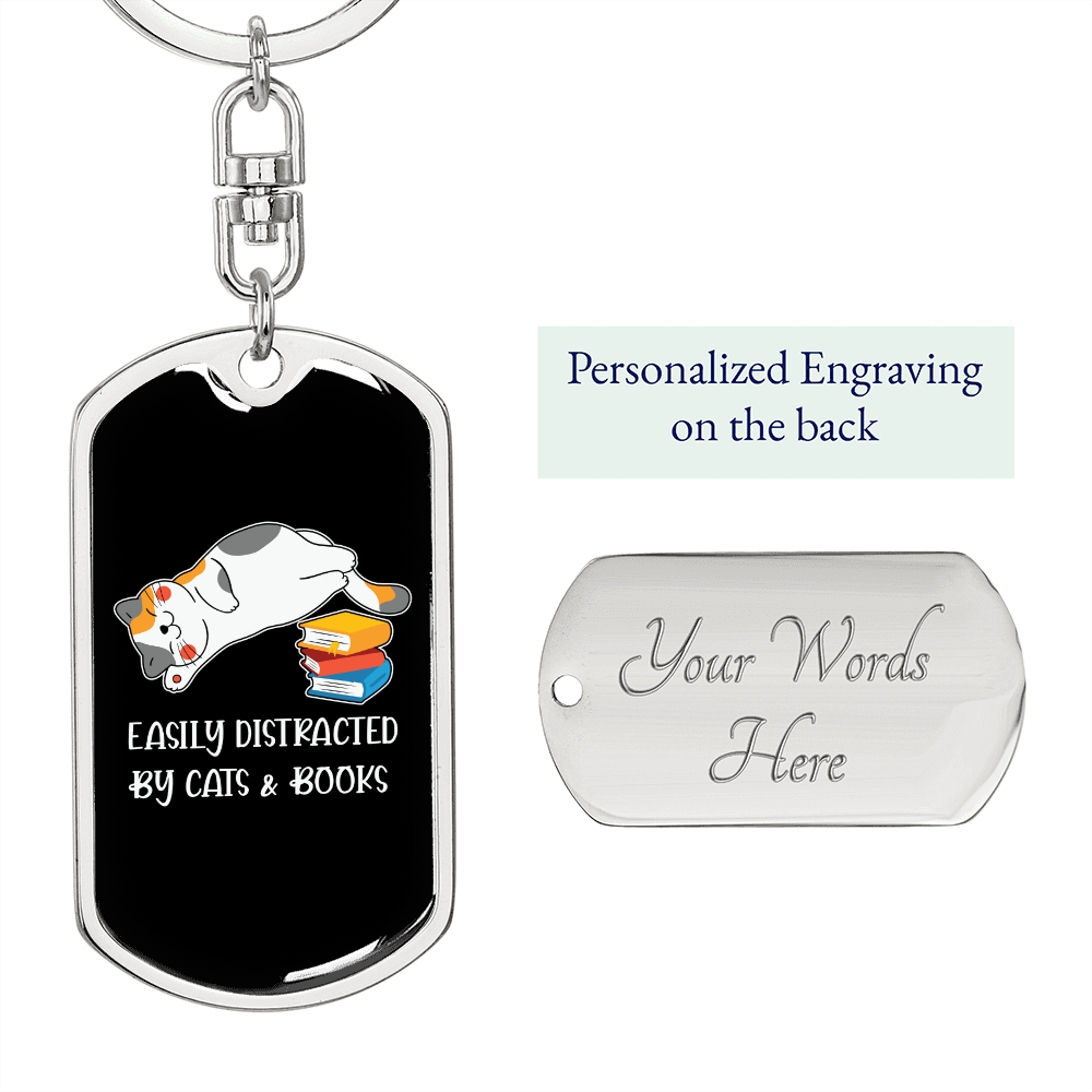 Easily Distracted By Cats Keychain Stainless Steel or 18k Gold Dog Tag Keyring-Express Your Love Gifts
