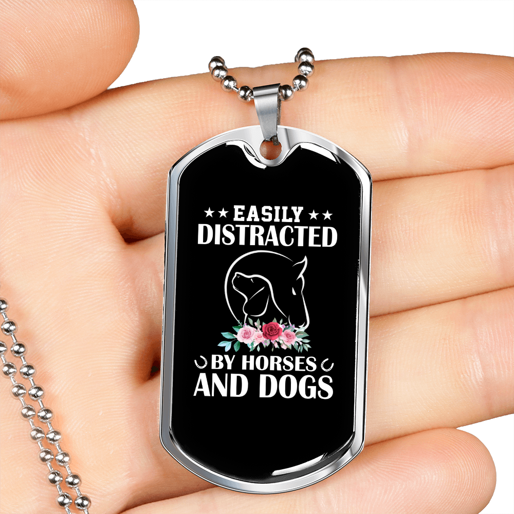 Easily Distracted By Horses and Dogs Horse Necklace Stainless Steel or 18k Gold Dog Tag 24" Chain-Express Your Love Gifts