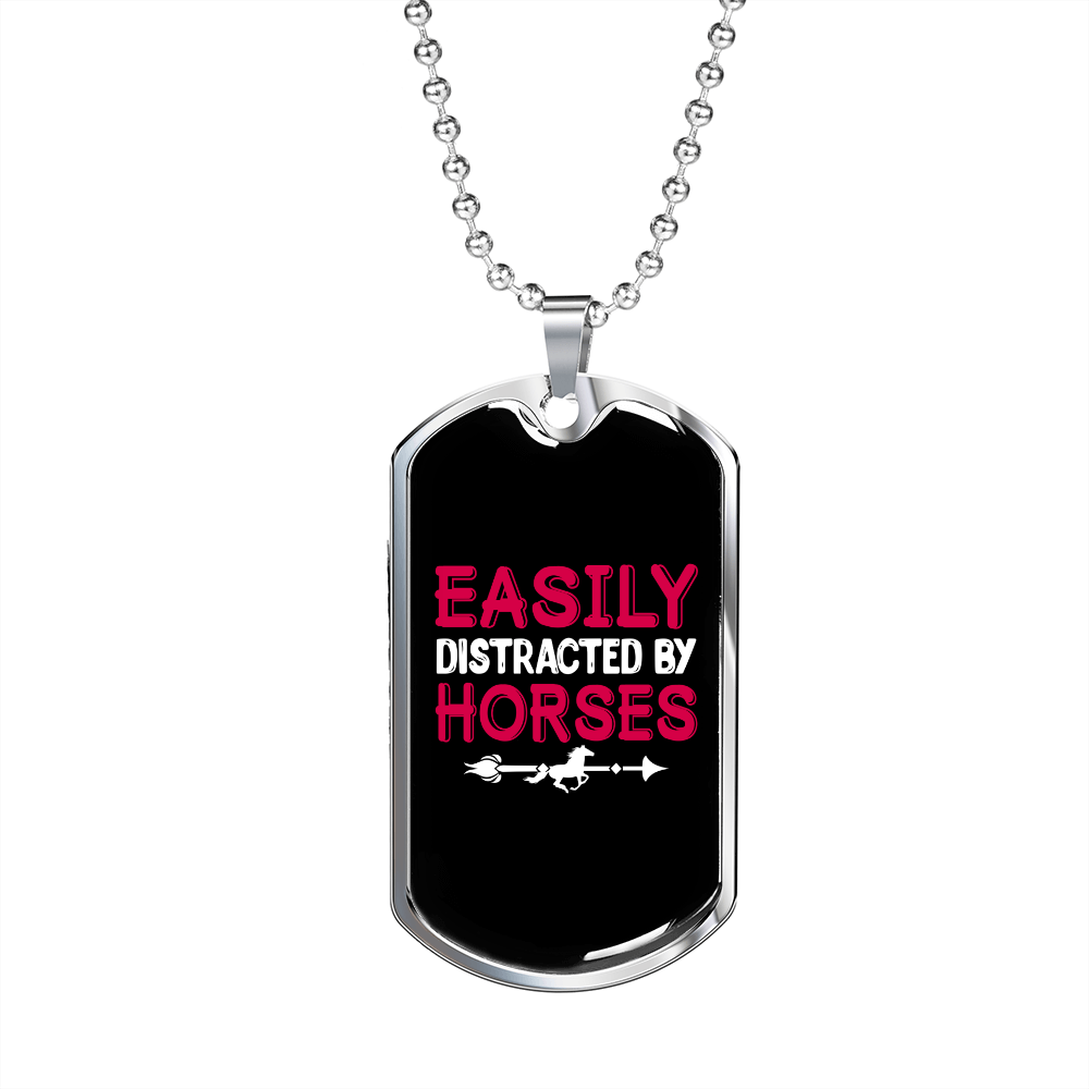 Easily Distracted by Horses Red and Black Horse Necklace Stainless Steel or 18k Gold Dog Tag 24" Chain-Express Your Love Gifts