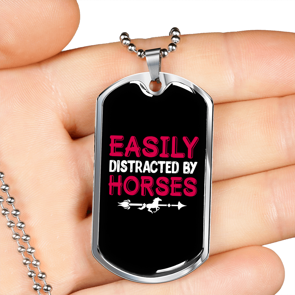 Easily Distracted by Horses Red and Black Horse Necklace Stainless Steel or 18k Gold Dog Tag 24" Chain-Express Your Love Gifts