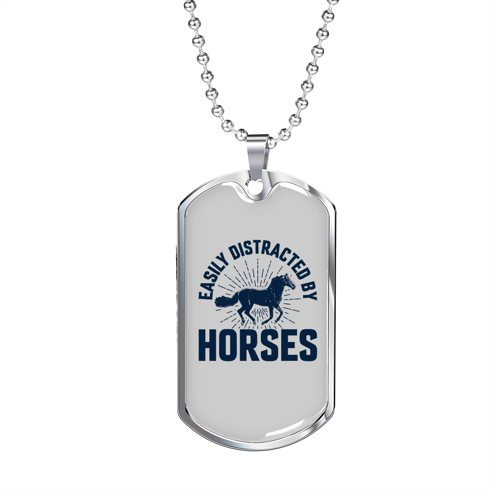 Easily Distracted by Horses White Horse Necklace Stainless Steel or 18k Gold Dog Tag 24" Chain-Express Your Love Gifts
