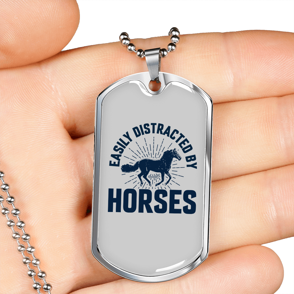 Easily Distracted by Horses White Horse Necklace Stainless Steel or 18k Gold Dog Tag 24" Chain-Express Your Love Gifts
