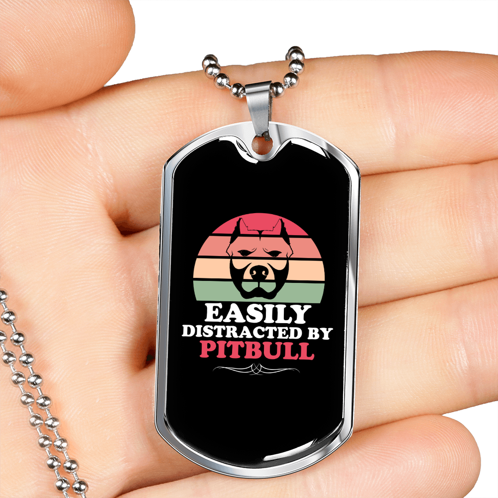 Easily Distracted by Pitbull Necklace Stainless Steel or 18k Gold Dog Tag 24" Chain-Express Your Love Gifts