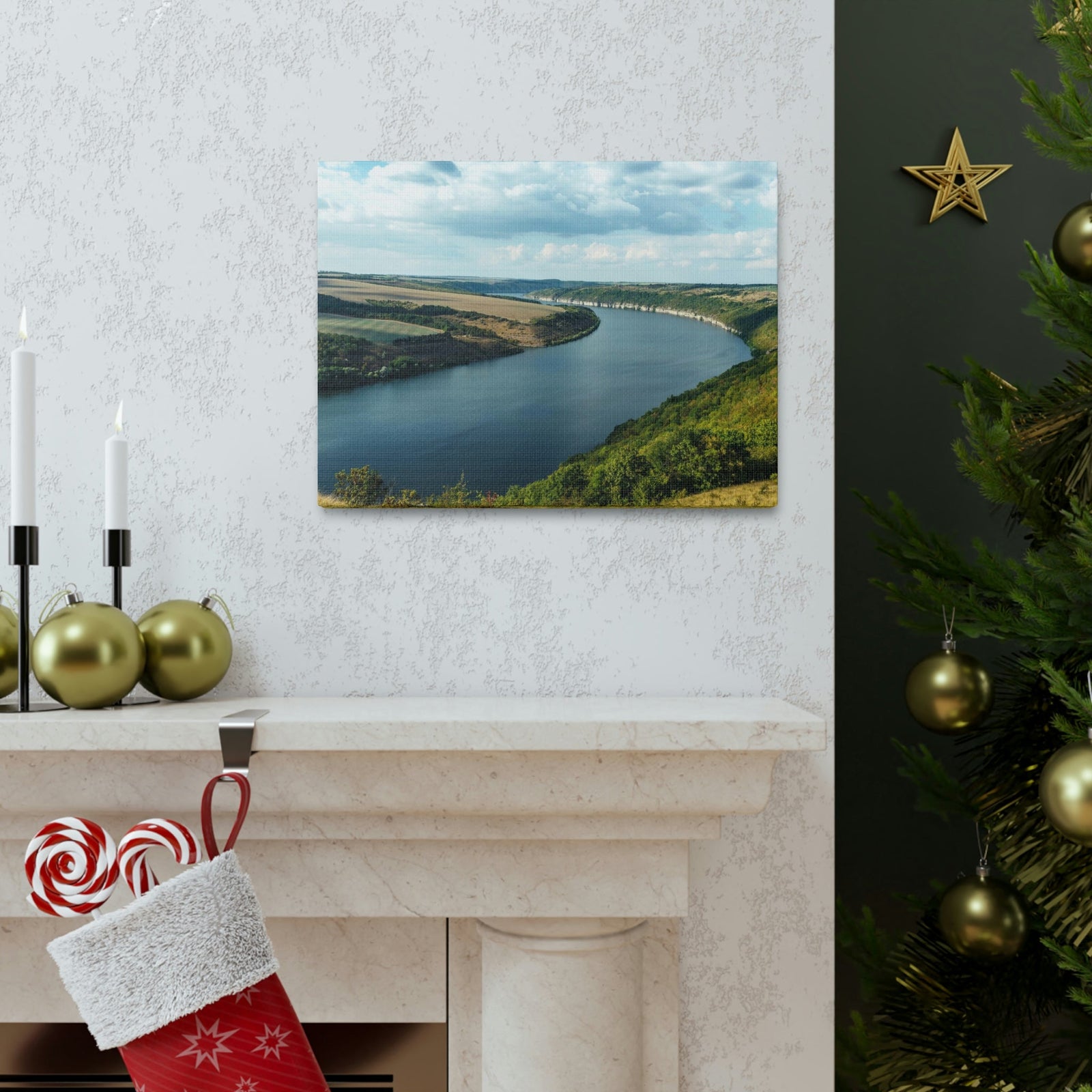 Enticing Sunny Day on the River Scene Beautiful Engaging and Lovely Beauty Nature Scene Perfect Blue Sky and River Wall Art Ready to Hang Unframed-Express Your Love Gifts