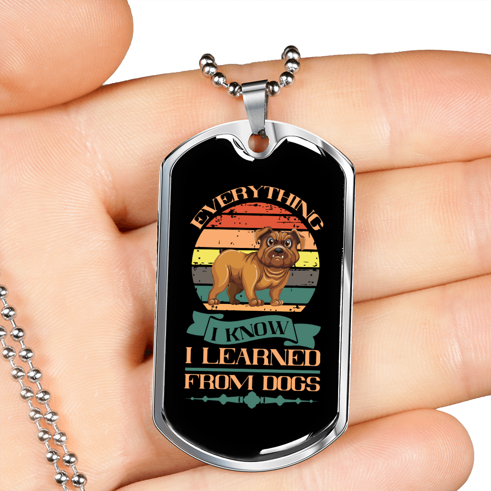 Everything I Know Bulldog Blue Necklace Stainless Steel or 18k Gold Dog Tag 24" Chain-Express Your Love Gifts