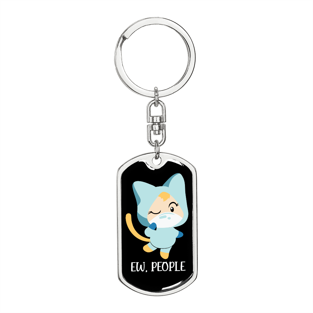 Ew People Cat Keychain Stainless Steel or 18k Gold Dog Tag Keyring-Express Your Love Gifts