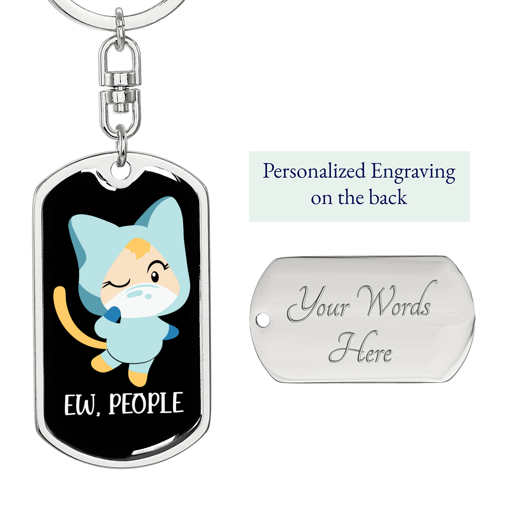 Ew People Cat Keychain Stainless Steel or 18k Gold Dog Tag Keyring-Express Your Love Gifts