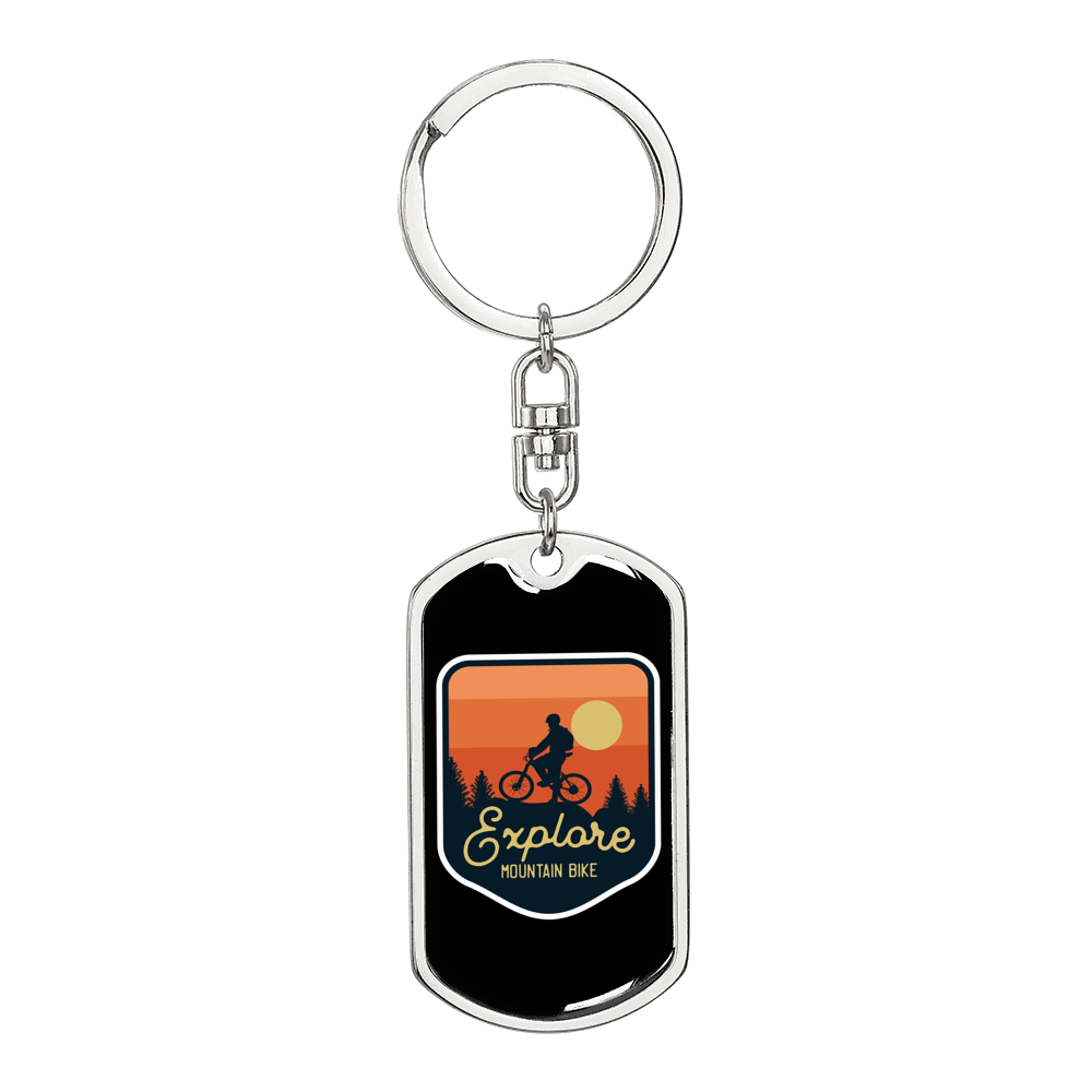 Explore Mountain Bike Cycling Keychain Stainless Steel or 18k Gold Dog Tag Keyring-Express Your Love Gifts