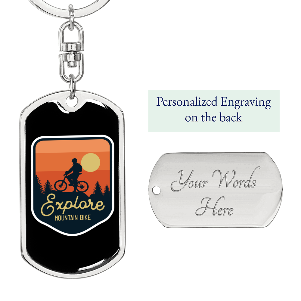 Explore Mountain Bike Cycling Keychain Stainless Steel or 18k Gold Dog Tag Keyring-Express Your Love Gifts