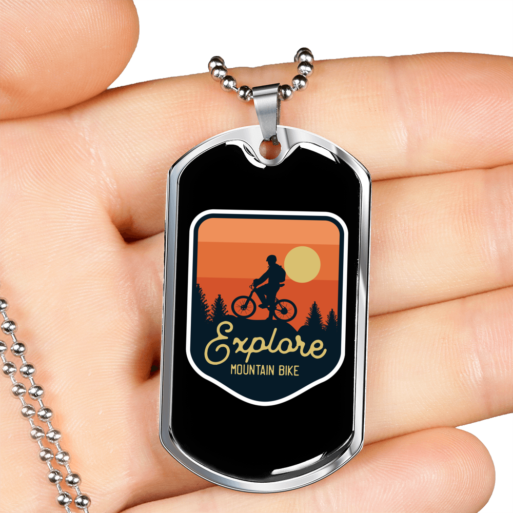 Explore Mountain Bike Cycling Necklace Stainless Steel or 18k Gold Dog Tag 24"-Express Your Love Gifts