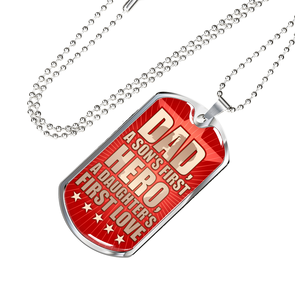 Fathers Day Dad Necklace Gift Hero for son Stainless Steel or 18k Gold Dog Tag w 24" Chain-Express Your Love Gifts