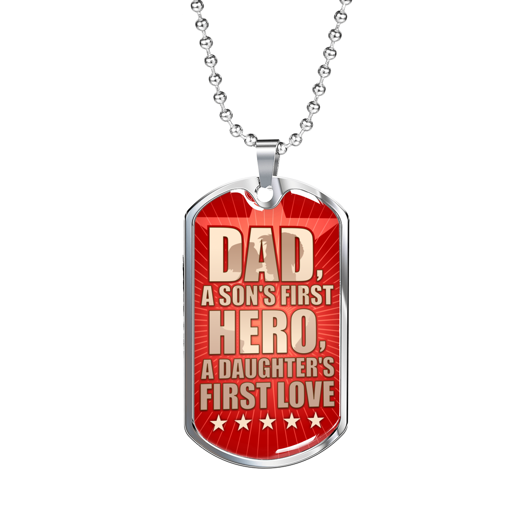 Fathers Day Dad Necklace Gift Hero for son Stainless Steel or 18k Gold Dog Tag w 24" Chain-Express Your Love Gifts