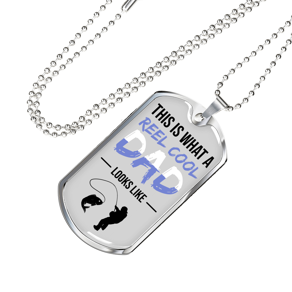 Reel Cool Dad Dog Tag Dad Gift Necklace Stainless Steel or 18k Gold Dog Tag w 24" Chain-Express Your Love Gifts